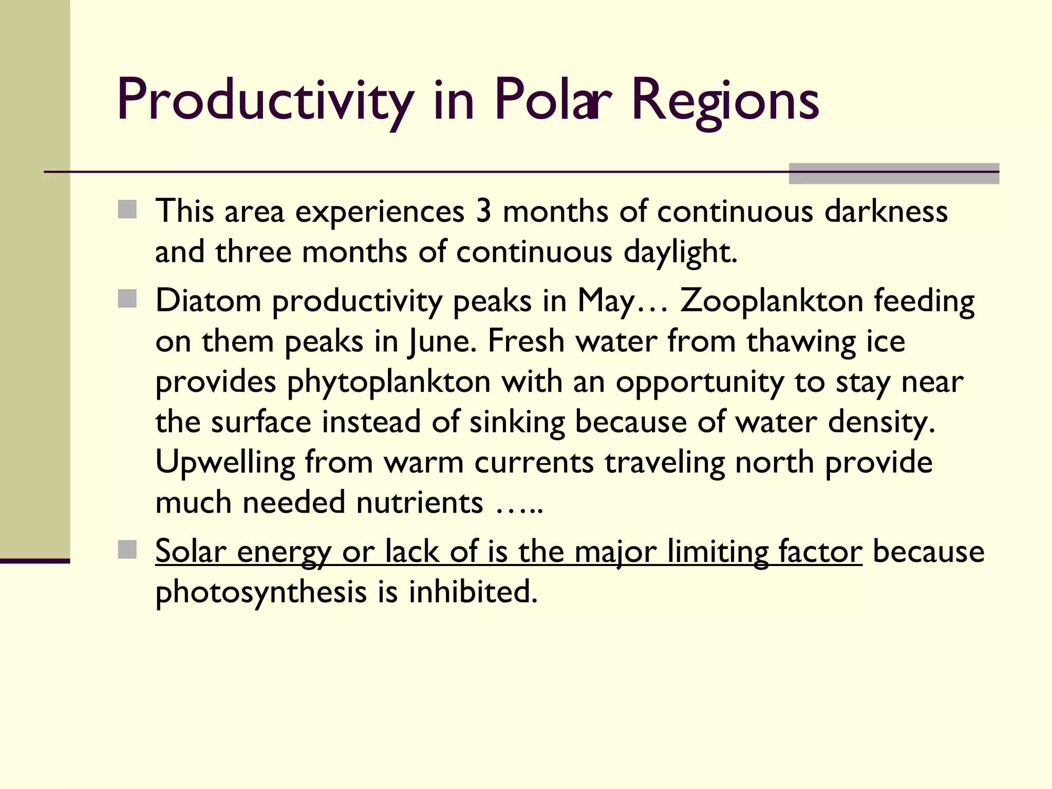 Productivity in Polar Regions  This area experiences 3 months of continuous darkness and three months of continuous daylight. Diatom productivity peaks in May… Zooplankton feeding on them peaks in June. Fresh water from thawing ice provides phytoplankton with an opportunity to stay near the surface instead of sinking because of water density. Upwelling from warm currents traveling north provide much needed nutrients ….. Solar energy or lack of is the major limiting factor  because photosynthesis is inhibited. 