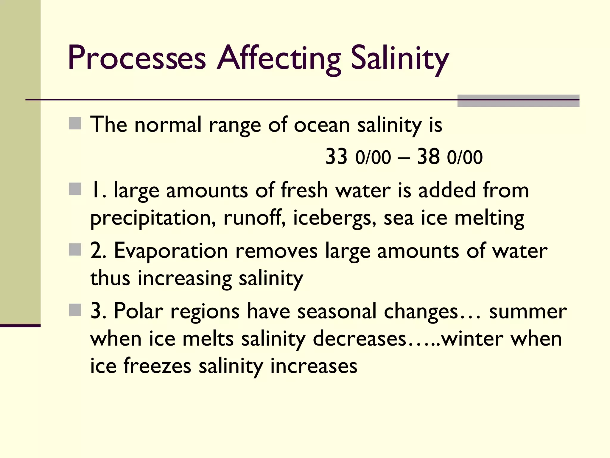 Processes Affecting Salinity  The normal range of ocean salinity is  33  0/00  – 38  0/00 1. large amounts of fresh water is added from precipitation, runoff, icebergs, sea ice melting 2. Evaporation removes large amounts of water thus increasing salinity 3. Polar regions have seasonal changes… summer when ice melts salinity decreases…..winter when ice freezes salinity increases 