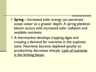 Spring  – Increased solar energy can penetrate ocean water to a greater depth. A spring plankton bloom occurs with increased solar radiation and available nutrients. A thermocline develops trapping algae and creating a demand for nutrients in the euphotic zone. Nutrients become depleted quickly so productivity decreases sharply.  Lack of nutrients is the limiting factor . 