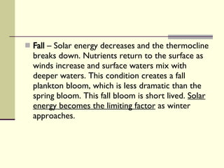 Fall  – Solar energy decreases and the thermocline breaks down. Nutrients return to the surface as winds increase and surface waters mix with deeper waters. This condition creates a fall plankton bloom, which is less dramatic than the spring bloom. This fall bloom is short lived.  Solar energy becomes the limiting factor  as winter approaches. 