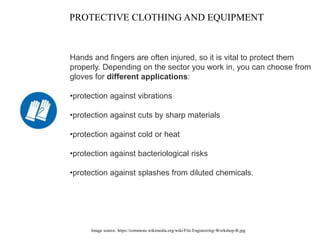 PROTECTIVE CLOTHING AND EQUIPMENT
Image source: https://commons.wikimedia.org/wiki/File:Engineering-Workshop-B.jpg
Hands a...
