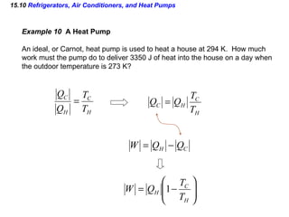 15.10  Refrigerators, Air Conditioners, and Heat Pumps Example 10  A Heat Pump An ideal, or Carnot, heat pump is used to heat a house at 294 K.  How much work must the pump do to deliver 3350 J of heat into the house on a day when the outdoor temperature is 273 K? 