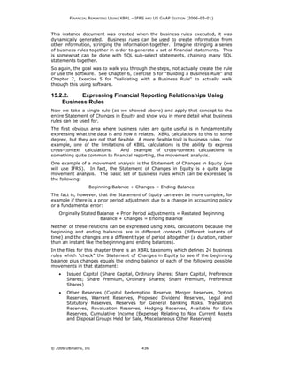 FINANCIAL REPORTING USING XBRL – IFRS AND US GAAP EDITION (2006-03-01)



This instance document was created when the business rules executed, it was
dynamically generated. Business rules can be used to create information from
other information, stringing the information together. Imagine stringing a series
of business rules together in order to generate a set of financial statements. This
is somewhat can be done with SQL sub-select statements, chaining many SQL
statements together.
So again, the goal was to walk you through the steps, not actually create the rule
or use the software. See Chapter 6, Exercise 5 for "Building a Business Rule" and
Chapter 7, Exercise 5 for "Validating with a Business Rule" to actually walk
through this using software.

15.2.2.   Expressing Financial Reporting Relationships Using
    Business Rules
Now we take a single rule (as we showed above) and apply that concept to the
entire Statement of Changes in Equity and show you in more detail what business
rules can be used for.
The first obvious area where business rules are quite useful is in fundamentally
expressing what the data is and how it relates. XBRL calculations to this to some
degree, but they are not that flexible. A more flexible tool is business rules. For
example, one of the limitations of XBRL calculations is the ability to express
cross-context calculations.     And example of cross-context calculations is
something quite common to financial reporting, the movement analysis.
One example of a movement analysis is the Statement of Changes in Equity (we
will use IFRS). In fact, the Statement of Changes in Equity is a quite large
movement analysis. The basic set of business rules which can be expressed is
the following:
                   Beginning Balance + Changes = Ending Balance
The fact is, however, that the Statement of Equity can even be more complex, for
example if there is a prior period adjustment due to a change in accounting policy
or a fundamental error:
    Originally Stated Balance + Prior Period Adjustments = Restated Beginning
                       Balance + Changes = Ending Balance
Neither of these relations can be expressed using XBRL calculations because the
beginning and ending balances are in different contexts (different instants of
time) and the changes are a different type of period altogether (a duration, rather
than an instant like the beginning and ending balances).
In the files for this chapter there is an XBRL taxonomy which defines 24 business
rules which "check" the Statement of Changes in Equity to see if the beginning
balance plus changes equals the ending balance of each of the following possible
movements in that statement:
    •   Issued Capital (Share Capital, Ordinary Shares; Share Capital, Preference
        Shares; Share Premium, Ordinary Shares; Share Premium, Preference
        Shares)
    •   Other Reserves (Capital Redemption Reserve, Merger Reserves, Option
        Reserves, Warrant Reserves, Proposed Dividend Reserves, Legal and
        Statutory Reserves, Reserves for General Banking Risks, Translation
        Reserves, Revaluation Reserves, Hedging Reserves, Available for Sale
        Reserves, Cumulative Income (Expense) Relating to Non Current Assets
        and Disposal Groups Held for Sale, Miscellaneous Other Reserves)




© 2006 UBmatrix, Inc                        436
 