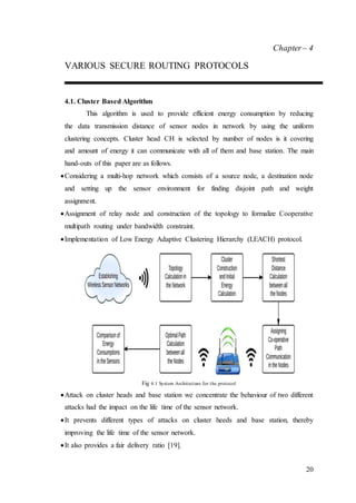 20
Chapter– 4
VARIOUS SECURE ROUTING PROTOCOLS
4.1. Cluster Based Algorithm
This algorithm is used to provide efficient energy consumption by reducing
the data transmission distance of sensor nodes in network by using the uniform
clustering concepts. Cluster head CH is selected by number of nodes is it covering
and amount of energy it can communicate with all of them and base station. The main
hand-outs of this paper are as follows.
Considering a multi-hop network which consists of a source node, a destination node
and setting up the sensor environment for finding disjoint path and weight
assignment.
Assignment of relay node and construction of the topology to formalize Cooperative
multipath routing under bandwidth constraint.
Implementation of Low Energy Adaptive Clustering Hierarchy (LEACH) protocol.
Fig 4.1 System Architecture for the protocol
Attack on cluster heads and base station we concentrate the behaviour of two different
attacks had the impact on the life time of the sensor network.
It prevents different types of attacks on cluster heeds and base station, thereby
improving the life time of the sensor network.
It also provides a fair delivery ratio [19].
 