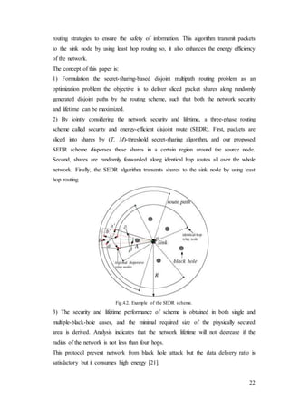 22
routing strategies to ensure the safety of information. This algorithm transmit packets
to the sink node by using least hop routing so, it also enhances the energy efficiency
of the network.
The concept of this paper is:
1) Formulation the secret-sharing-based disjoint multipath routing problem as an
optimization problem the objective is to deliver sliced packet shares along randomly
generated disjoint paths by the routing scheme, such that both the network security
and lifetime can be maximized.
2) By jointly considering the network security and lifetime, a three-phase routing
scheme called security and energy-efficient disjoint route (SEDR). First, packets are
sliced into shares by (T, M)-threshold secret-sharing algorithm, and our proposed
SEDR scheme disperses these shares in a certain region around the source node.
Second, shares are randomly forwarded along identical hop routes all over the whole
network. Finally, the SEDR algorithm transmits shares to the sink node by using least
hop routing.
Fig.4.2. Example of the SEDR scheme.
3) The security and lifetime performance of scheme is obtained in both single and
multiple-black-hole cases, and the minimal required size of the physically secured
area is derived. Analysis indicates that the network lifetime will not decrease if the
radius of the network is not less than four hops.
This protocol prevent network from black hole attack but the data delivery ratio is
satisfactory but it consumes high energy [21].
 