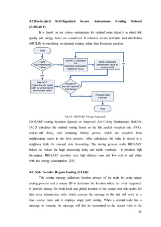25
4.7.Bio-inspired Self-Organized Secure Autonomous Routing Protocol
(BIOSARP):
It is based on ant colony optimization for optimal route decision in which link
quality and energy factor are considered. It enhances secure real time load distribution
(SRTLD) by providing on demand routing rather than broadcast packets.
Fig.4.4. BIOSARP Design Approach
BIOSARP routing decisions depend on Improved Ant Colony Optimization (IACO).
IACO calculates the optimal routing based on the link packet reception rate (PRR),
end-to-end delay, and remaining battery power, which are acquired from
neighbouring nodes in the boot process. After calculation, the value is stored in a
neighbour table for onward data forwarding. The storing process under BIOSARP
helped to reduce the huge processing delay and traffic overhead. It provides high
throughput. BIOSARP provides very high delivery ratio and low end to end delay
with less energy consumption [25].
4.8. Sink Toroidal Region Routing (STAR):
This routing strategy addresses location privacy of the node by using unique
routing process and a unique ID to determine the location where the event happened.
It provide privacy for both local and global location of the source and sink nodes for
that every intermediate node which conveys the message to the sink will work as a
fake source node and it employs single path routing. When a normal node has a
message to transmit, the message will first be transmitted to the header node in the
 