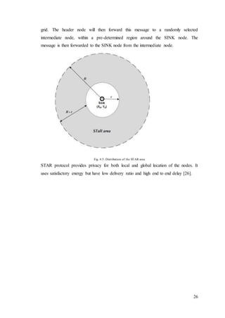 26
grid. The header node will then forward this message to a randomly selected
intermediate node, within a pre-determined region around the SINK node. The
message is then forwarded to the SINK node from the intermediate node.
Fig. 4.5. Distribution of the STAR area
STAR protocol provides privacy for both local and global location of the nodes. It
uses satisfactory energy but have low delivery ratio and high end to end delay [26].
 