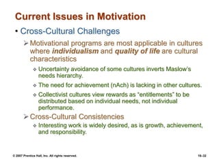 © 2007 Prentice Hall, Inc. All rights reserved. 16–32
Current Issues in Motivation
• Cross-Cultural Challenges
Motivational programs are most applicable in cultures
where individualism and quality of life are cultural
characteristics
 Uncertainty avoidance of some cultures inverts Maslow’s
needs hierarchy.
 The need for achievement (nAch) is lacking in other cultures.
 Collectivist cultures view rewards as “entitlements” to be
distributed based on individual needs, not individual
performance.
Cross-Cultural Consistencies
 Interesting work is widely desired, as is growth, achievement,
and responsibility.
 