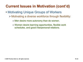 © 2007 Prentice Hall, Inc. All rights reserved. 16–33
Current Issues in Motivation (cont’d)
• Motivating Unique Groups of Workers
Motivating a diverse workforce through flexibility:
 Men desire more autonomy than do women.
 Women desire learning opportunities, flexible work
schedules, and good interpersonal relations.
 