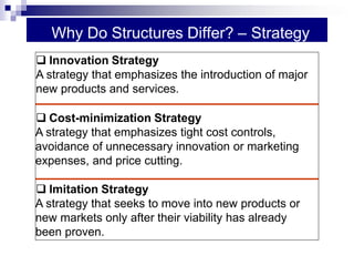 Why Do Structures Differ? – Strategy
 Innovation Strategy
A strategy that emphasizes the introduction of major
new products and services.
 Cost-minimization Strategy
A strategy that emphasizes tight cost controls,
avoidance of unnecessary innovation or marketing
expenses, and price cutting.
 Imitation Strategy
A strategy that seeks to move into new products or
new markets only after their viability has already
been proven.
 