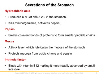 Copyright 2022 © McGraw Hill LLC. All rights reserved. No reproduction or distribution without the prior written consent of McGraw Hill LLC.
Secretions of the Stomach
Hydrochloric acid
• Produces a pH of about 2.0 in the stomach.
• Kills microorganisms, activates pepsin.
Pepsin
• breaks covalent bonds of proteins to form smaller peptide chains
Mucus
• A thick layer, which lubricates the mucosa of the stomach
• Protects mucosa from acidic chyme and pepsin
Intrinsic factor
• Binds with vitamin B12 making it more readily absorbed by small
intestine
20
 