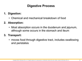 Copyright 2022 © McGraw Hill LLC. All rights reserved. No reproduction or distribution without the prior written consent of McGraw Hill LLC.
Digestive Process
1. Digestion:
• Chemical and mechanical breakdown of food
2. Absorption:
• Most absorption occurs in the duodenum and jejunum,
although some occurs in the stomach and ileum
3. Transport:
• moves food through digestive tract, includes swallowing
and peristalsis
38
 
