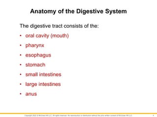 Copyright 2022 © McGraw Hill LLC. All rights reserved. No reproduction or distribution without the prior written consent of McGraw Hill LLC.
Anatomy of the Digestive System
The digestive tract consists of the:
• oral cavity (mouth)
• pharynx
• esophagus
• stomach
• small intestines
• large intestines
• anus
4
 