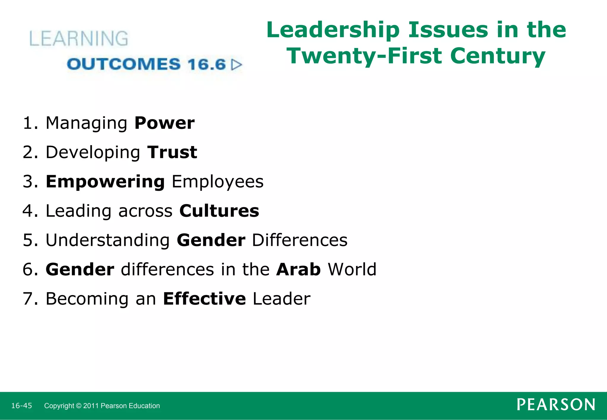 Leadership Issues in the
Twenty-First Century
1. Managing Power
2. Developing Trust
3. Empowering Employees
4. Leading across Cultures
5. Understanding Gender Differences
6. Gender differences in the Arab World
7. Becoming an Effective Leader

16-45

Copyright © 2011 Pearson Education

 
