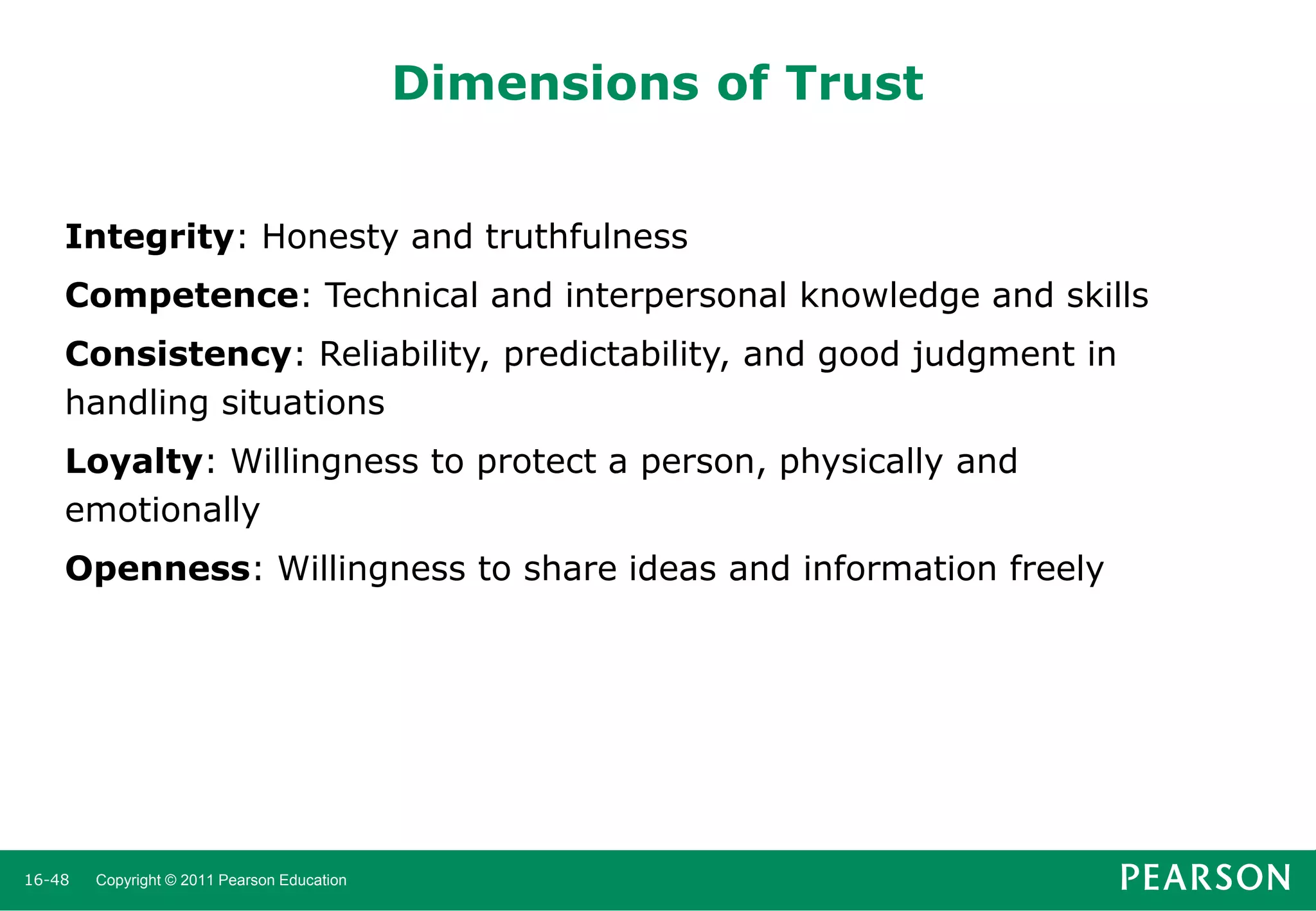 Dimensions of Trust
Integrity: Honesty and truthfulness

Competence: Technical and interpersonal knowledge and skills
Consistency: Reliability, predictability, and good judgment in
handling situations
Loyalty: Willingness to protect a person, physically and
emotionally
Openness: Willingness to share ideas and information freely

16-48

Copyright © 2011 Pearson Education

 