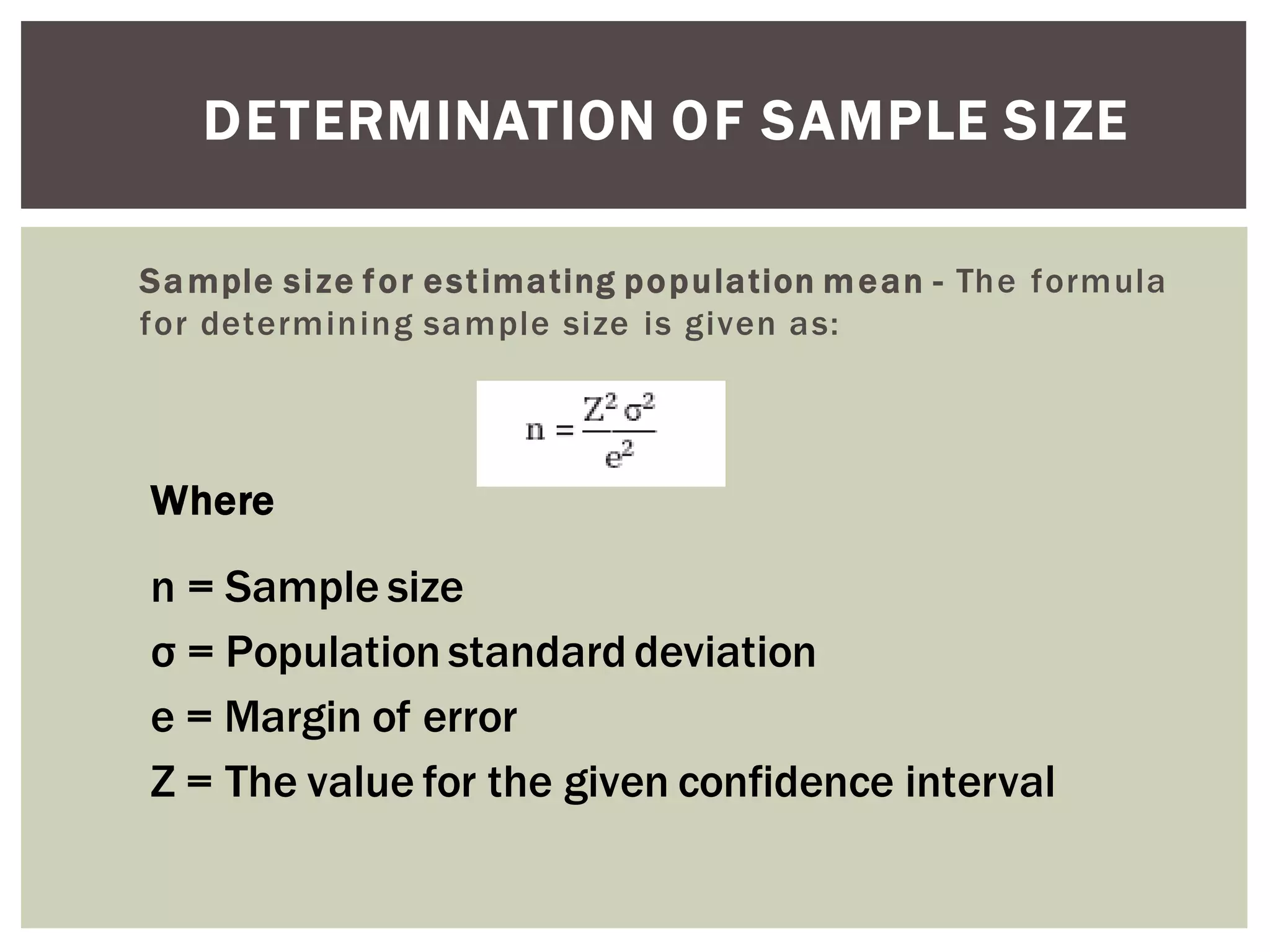 DETERMINATION OF SAMPLE SIZE
Sample size for estimating population mean - The formula
for determining sample size is given as:
Where
n = Sample size
σ = Population standard deviation
e = Margin of error
Z = The value for the given confidence interval
 
