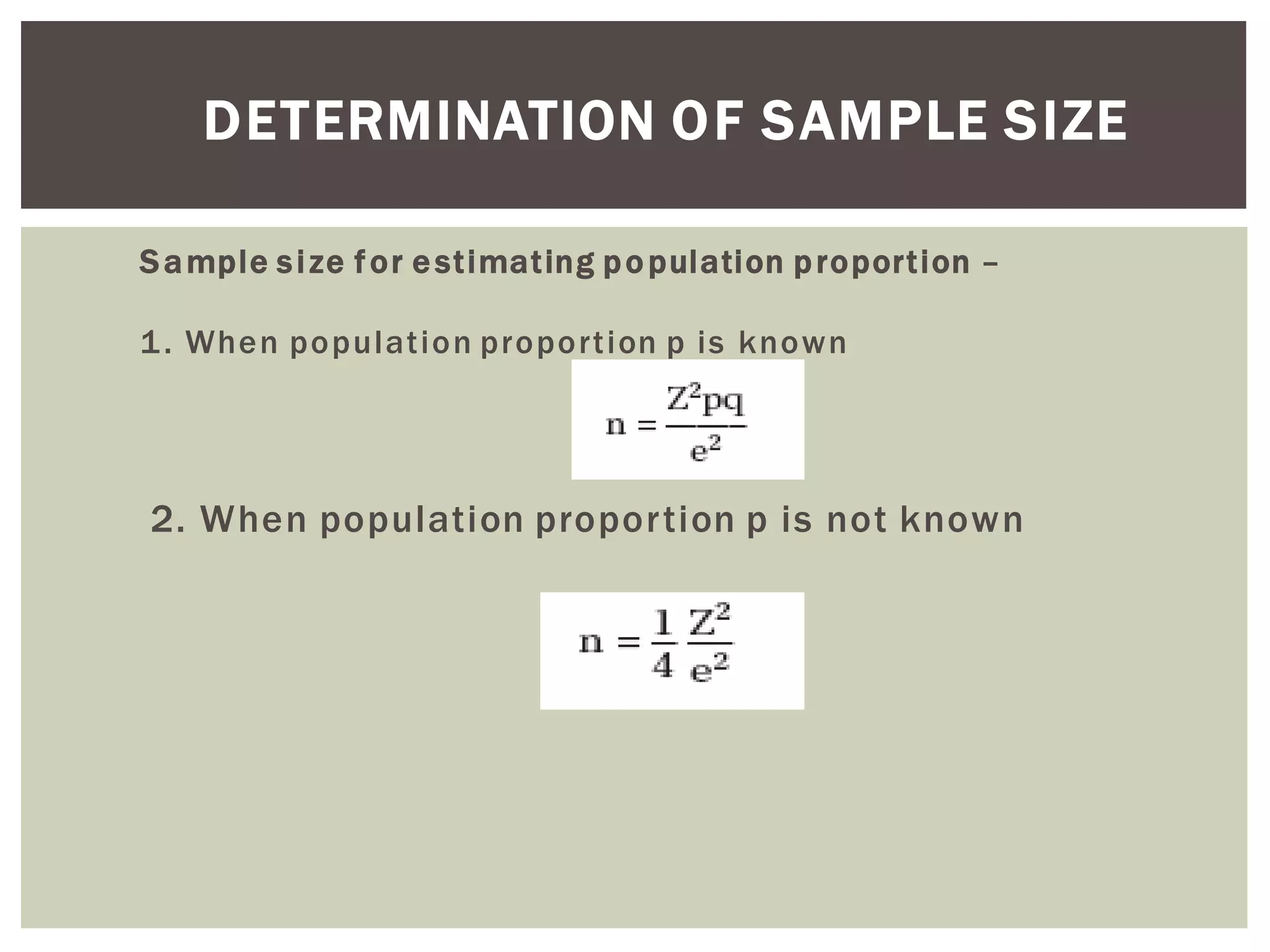 DETERMINATION OF SAMPLE SIZE
Sample size for estimating population proportion –
1. When population proportion p is known
2. When population proportion p is not known
 