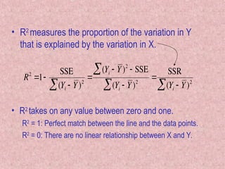 • R2
measures the proportion of the variation in Y
that is explained by the variation in X.

R2
1
SSE
(Yi  Y)2


(Yi  Y)2
  SSE
(Yi  Y)2


SSR
(Yi  Y)2

• R2
takes on any value between zero and one.
R2
= 1: Perfect match between the line and the data points.
R2
= 0: There are no linear relationship between X and Y.
 