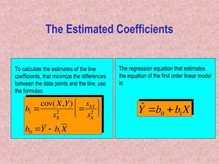 The Estimated Coefficients
To calculate the estimates of the line
coefficients, that minimize the differences
between the data points and the line, use
the formulas:
b1 
cov(X,Y)
sX
2 
sXY
sX
2






b0 Y  b1 X
The regression equation that estimates
the equation of the first order linear model
is:

ˆ
Y b0  b1X
 