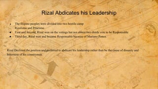Rizal Abdicates his Leadership
● The filipino peoples were divided into two hostile camp
- Rizalistas and Pilaristas
● First and Second, Rizal won on the votings but not obtain two-thirds vote to be Responsable
● Third day, Rizal won and became Responsable because of Mariano Ponce.
Rizal Declined the position and preferred to abdicate his leadership rather than be the cause of disunity and
bitterness of his countrymen.
 