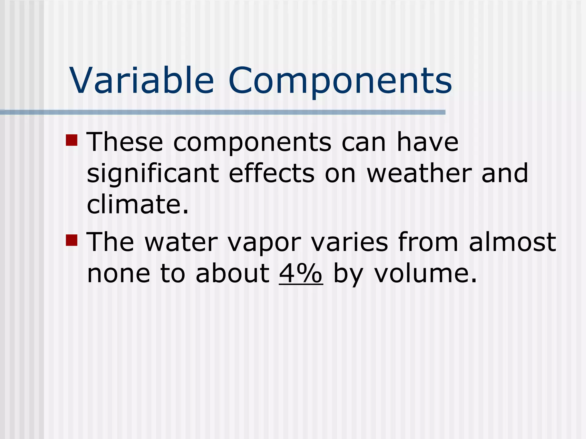 Variable Components These components can have significant effects on weather and climate. The water vapor varies from almost none to about  4%  by volume.  