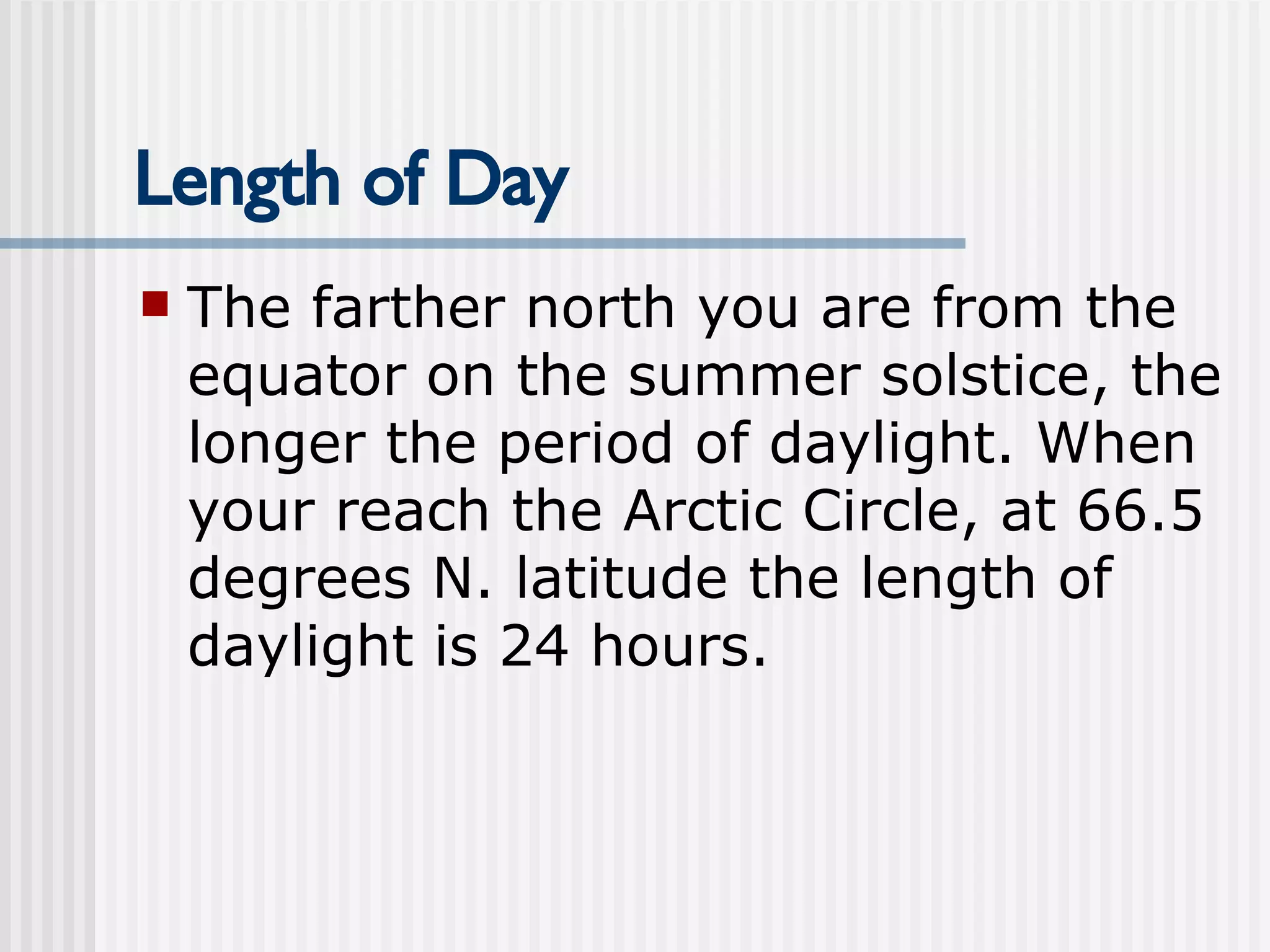 Length of Day The farther north you are from the equator on the summer solstice, the longer the period of daylight. When your reach the Arctic Circle, at 66.5 degrees N. latitude the length of daylight is 24 hours.  