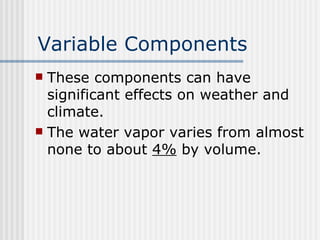 Variable Components These components can have significant effects on weather and climate. The water vapor varies from almost none to about  4%  by volume.  