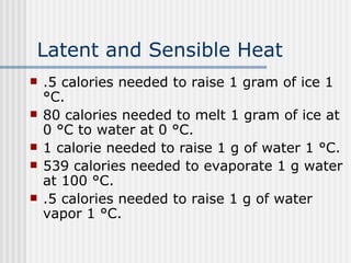 Latent and Sensible Heat .5 calories needed to raise 1 gram of ice 1 °C. 80 calories needed to melt 1 gram of ice at 0 °C to water at 0 °C. 1 calorie needed to raise 1 g of water 1 °C. 539 calories needed to evaporate 1 g water at 100 °C. .5 calories needed to raise 1 g of water vapor 1 °C. 