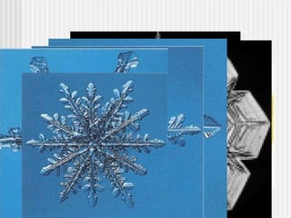 Snow Each snow flake is different because of all the possible ways water molecules can freeze.  They are usually 6 sided.  It takes approx. 10 - 12 inches of snow to equal 1 inch of water. 