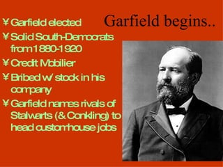 Garfield begins.. Garfield elected Solid South-Democrats from 1880-1920 Credit Mobilier Bribed w/ stock in his company Garfield names rivals of Stalwarts (& Conkling) to head customhouse jobs 