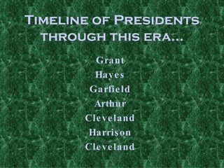 Timeline   of Presidents through this era… Grant Hayes Garfield Arthur Cleveland Harrison Cleveland 