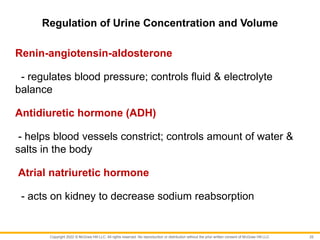 Copyright 2022 © McGraw Hill LLC. All rights reserved. No reproduction or distribution without the prior written consent of McGraw Hill LLC.
Regulation of Urine Concentration and Volume
Renin-angiotensin-aldosterone
- regulates blood pressure; controls fluid & electrolyte
balance
Antidiuretic hormone (ADH)
- helps blood vessels constrict; controls amount of water &
salts in the body
Atrial natriuretic hormone
- acts on kidney to decrease sodium reabsorption
25
 
