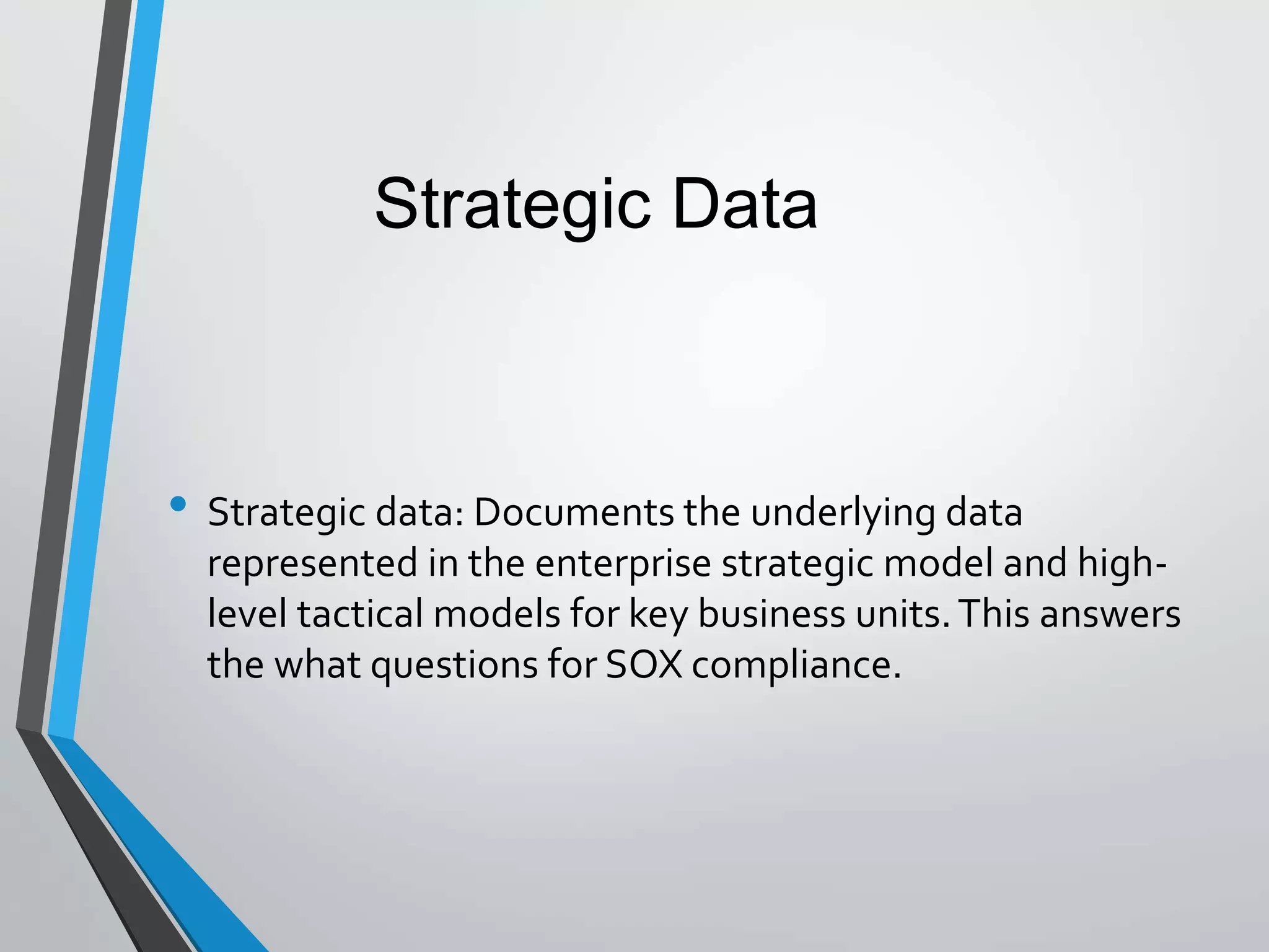 • Strategic data: Documents the underlying data
represented in the enterprise strategic model and high-
level tactical models for key business units.This answers
the what questions for SOX compliance.
Strategic Data
 