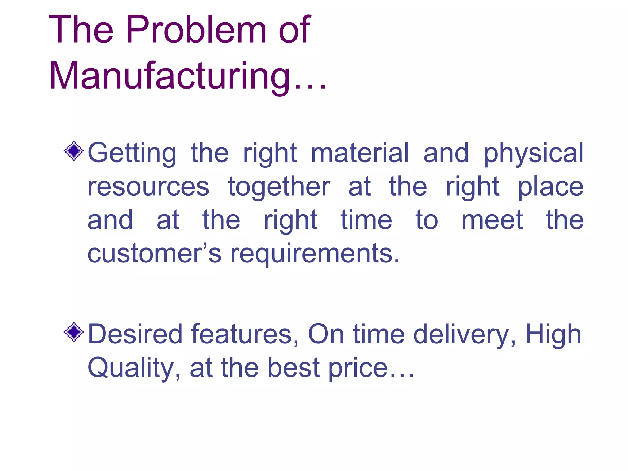 The Problem of
Manufacturing…
Getting the right material and physical
resources together at the right place
and at the right time to meet the
customer’s requirements.
Desired features, On time delivery, High
Quality, at the best price…
 