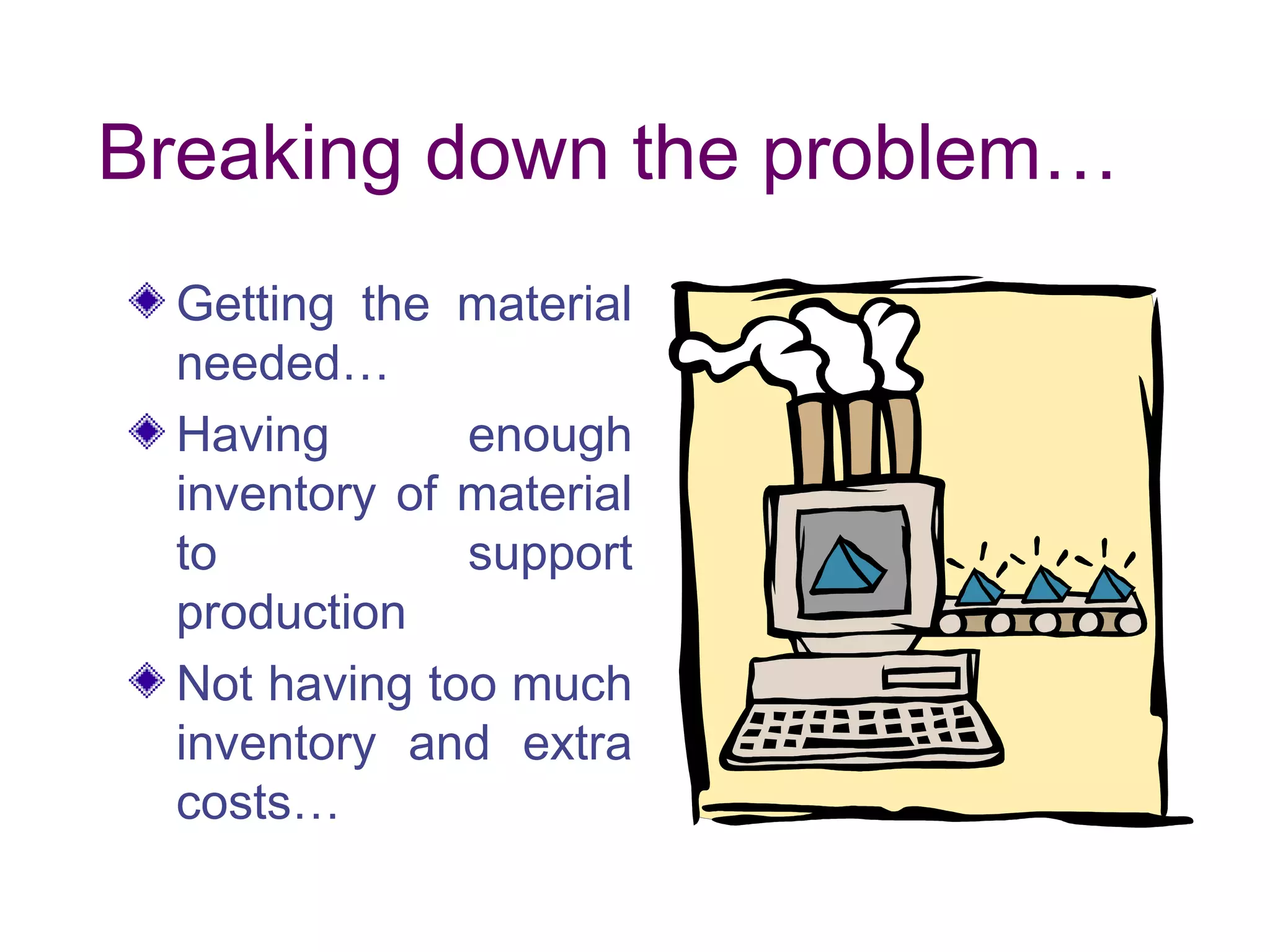 Breaking down the problem…
Getting the material
needed…
Having enough
inventory of material
to support
production
Not having too much
inventory and extra
costs…
 