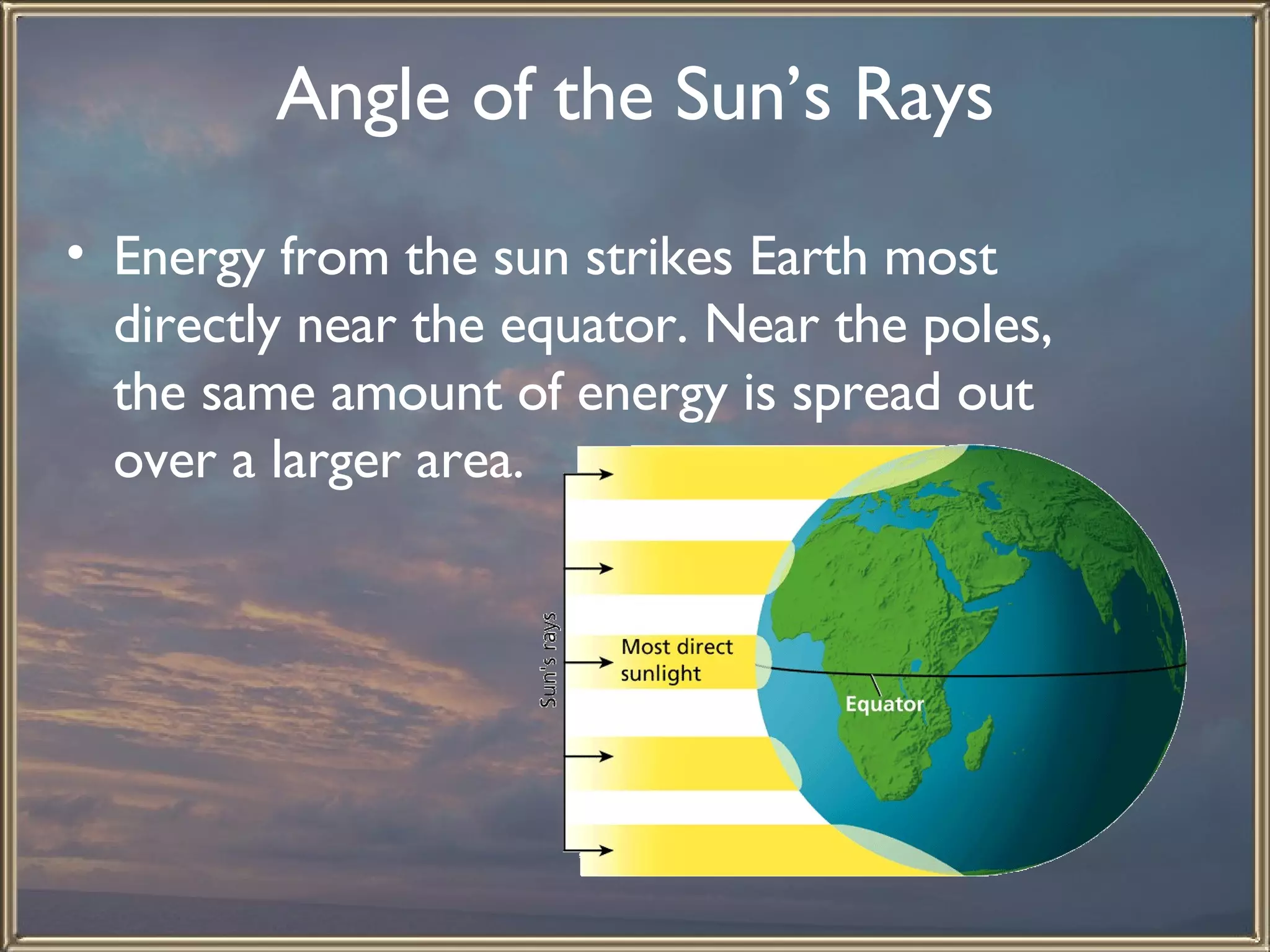 Angle of the Sun’s Rays Energy from the sun strikes Earth most directly near the equator. Near the poles, the same amount of energy is spread out over a larger area. 