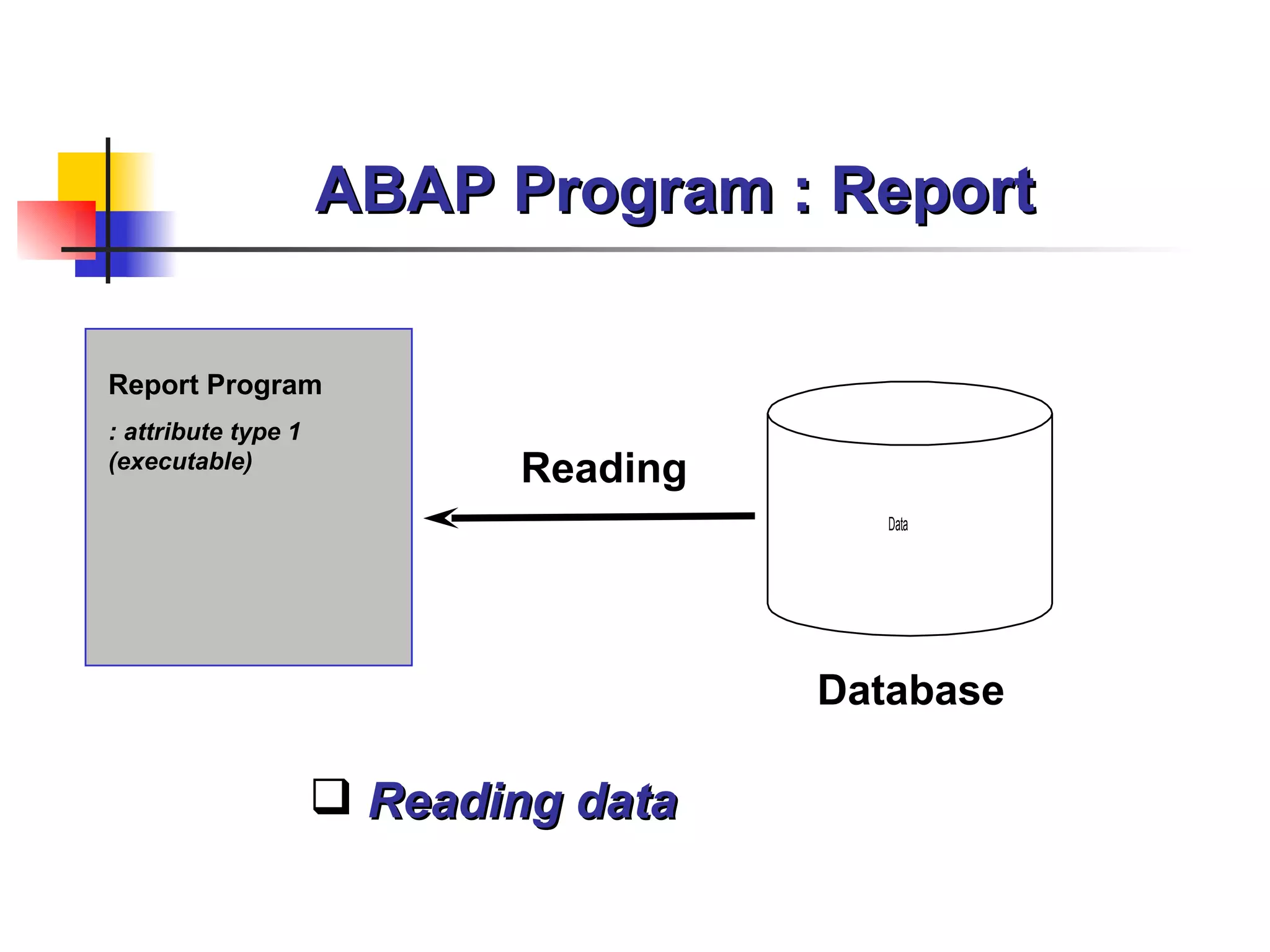 ABAP Program : Report Report Program : attribute type 1 (executable) Reading Database Reading data 