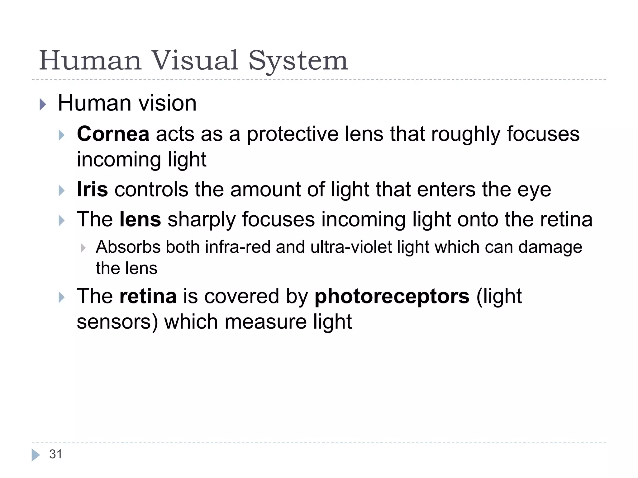 Human Visual System
 Human vision
 Cornea acts as a protective lens that roughly focuses
incoming light
 Iris controls the amount of light that enters the eye
 The lens sharply focuses incoming light onto the retina
 Absorbs both infra-red and ultra-violet light which can damage
the lens
 The retina is covered by photoreceptors (light
sensors) which measure light
31
 