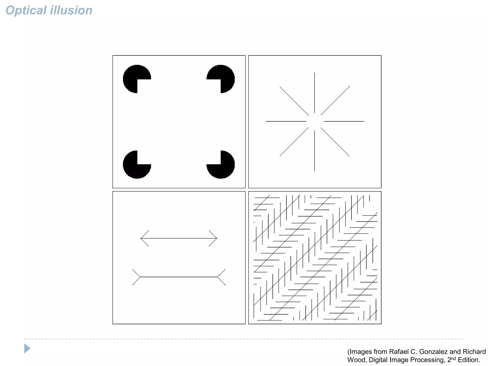 Optical illusion
(Images from Rafael C. Gonzalez and Richard E
Wood, Digital Image Processing, 2nd Edition.
 