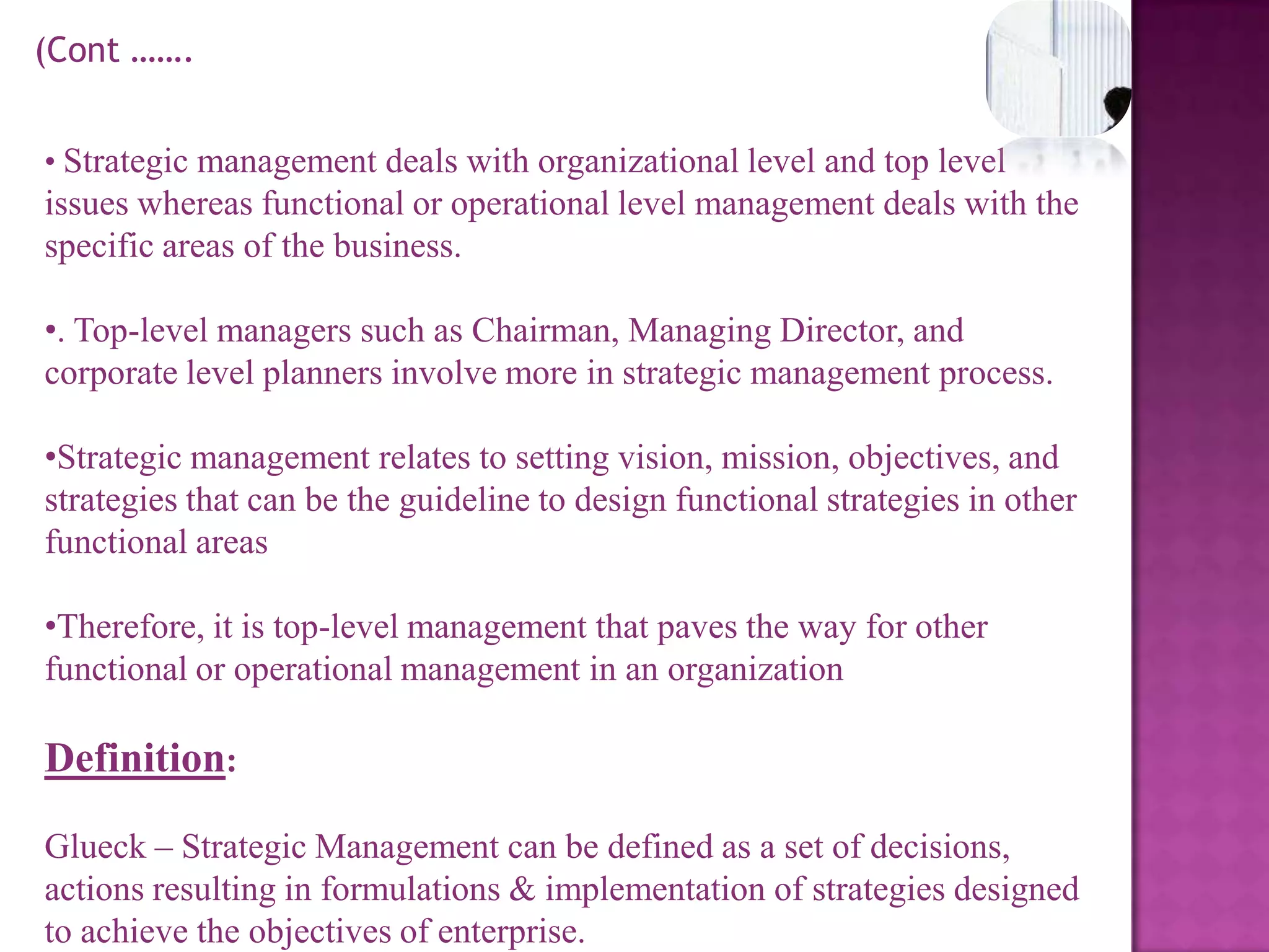 Tactics : Tactic means the approach towards workflow or the method of performing things. In terms of strategic management we have a solid definition given by Wheelen and Hunger  “A tactic is a specific operating plan detailing how a strategy is to be implemented in terms of when and where it is to be put into action”. Tactics are narrower in scope and shorter in their time ascompared to strategies.There are two types of tactics as given by Wheelen and Hunger .· Timing tactic· Market Location tactic