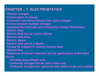 CHAPTER – 1: ELECTROSTATICS
Electric charges,
Conservation of charge,
Coulomb's law-force between two- point charges,
Forces between multiple charges;
Superposition principle and continuous charge distribution.
Electric field,
Electric field due to a point charge,
Electric field lines,
Electric dipole,
Electric field due to a dipole,
Torque on a dipole in uniform electric field.
Electric flux,
Statement of Gauss's theorem and its applications to find field
due to:
- Infinitely long straight wire,
- Uniformly charged infinite plane sheet and
- Uniformly charged thin spherical shell (field inside and outside)
 