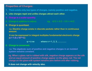 Properties of Charges:
1. There exists only two types of charges, namely positive and negative.
2. Like charges repel and unlike charges attract each other.
3. Charge is a scalar quantity.
4. Charge is additive in nature. eg. +2 C + 5 C – 3 C = +4 C
5. Charge is quantized.
i.e. Electric charge exists in discrete packets rather than in continuous
amount.
It can be expressed in integral multiples fundamental electronic charge
(e = 1.6 x 10-19 C)
q = ± ne where n = 1, 2, 3, …………
6. Charge is conserved.
i.e. The algebraic sum of positive and negative charges in an isolated
system remains constant.
eg. When a glass rod is rubbed with silk, negative charge appears on the silk
and an equal amount of positive charge appear on the glass rod. The net
charge on the glass-silk system remains zero before and after rubbing.
It does not change with velocity also.
 