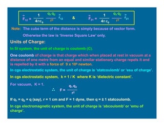 q1 q2
r3
r12
1
F12 =
4πε
q1 q2
r3
1
4π ε
0 0
r21
F21 =
&
Note: The cube term of the distance is simply because of vector form.
Otherwise the law is ‘Inverse Square Law’ only.
Units of Charge:
In SI system, the unit of charge is coulomb (C).
One coulomb of charge is that charge which when placed at rest in vacuum at a
distance of one metre from an equal and similar stationary charge repels it and
is repelled by it with a force of 9 x 109 newton.
In cgs electrostatic system, the unit of charge is ‘statcoulomb’ or ‘esu of charge’.
In cgs electrostatic system, k = 1 / K where K is ‘dielectric constant’.
For vacuum, K = 1.
F =
q1 q2
r2
If q1 = q2 = q (say), r = 1 cm and F = 1 dyne, then q = ± 1 statcoulomb.
In cgs electromagnetic system, the unit of charge is ‘abcoulomb’ or ‘emu of
charge’.
 