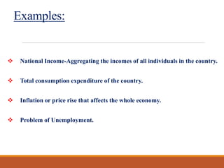 Examples:
 National Income-Aggregating the incomes of all individuals in the country.
 Total consumption expenditure of the country.
 Inflation or price rise that affects the whole economy.
 Problem of Unemployment.
 