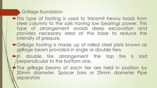 Grillage foundation
This type of footing is used to transmit heavy loads from
steel columns to the soils having low bearings power. This
type of arrangement avoids deep excavation and
provides necessary area at the base to reduce the
intensity of pressure.
Grillage footing is made up of rolled steel joists known as
grillage beam provided in single or double tiers.
In double tire arrangement the top tire is laid
perpendicular to the bottom one.
The grillage beams of each tier are held in position by
20mm diameter. Spacer bars or 25mm diameter Pipe
separators
 