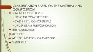 CLASSIFICATION BASED ON THE MATERIAL AND
COMPOSITION
CEMENT CONCRETE PILE
PRE-CAST CONCRETE PILE
CAST IN SITU CONCRETE PILE
UNDER REAM PILE FOUNDATION
PIER FOUNDATION
STEEL PILE
WELL FOUNDATION OR CAISSONS
TIMBER PILE
 