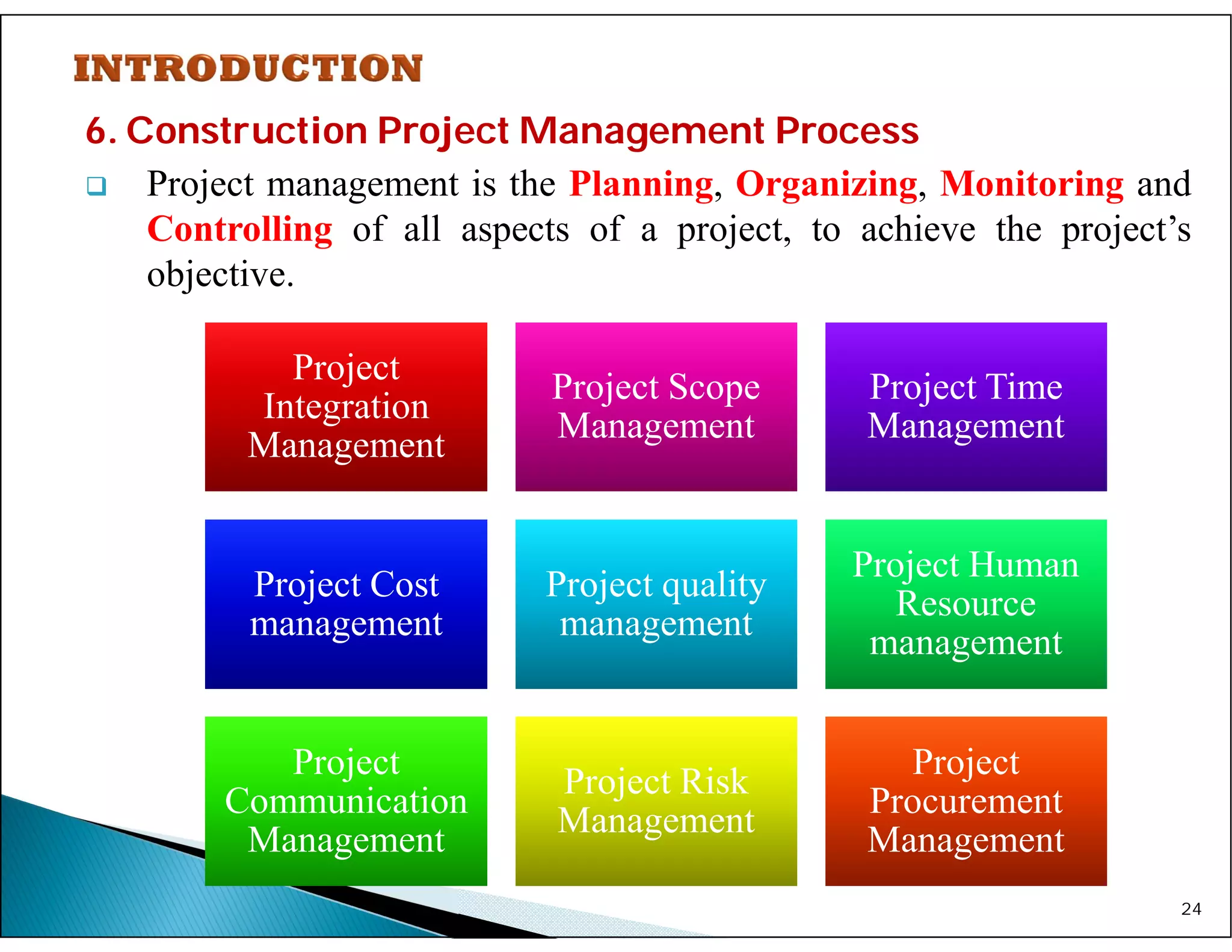 6. Construction Project Management Process
 Project management is the Planning, Organizing, Monitoring and
Controlling of all aspects of a project, to achieve the project’s
objective.
24
Project
Integration
Management
Project
Integration
Management
Project Scope
Management
Project Scope
Management
Project Time
Management
Project Time
Management
Project Cost
management
Project Cost
management
Project quality
management
Project quality
management
Project Human
Resource
management
Project Human
Resource
management
Project
Communication
Management
Project
Communication
Management
Project Risk
Management
Project Risk
Management
Project
Procurement
Management
Project
Procurement
Management
 