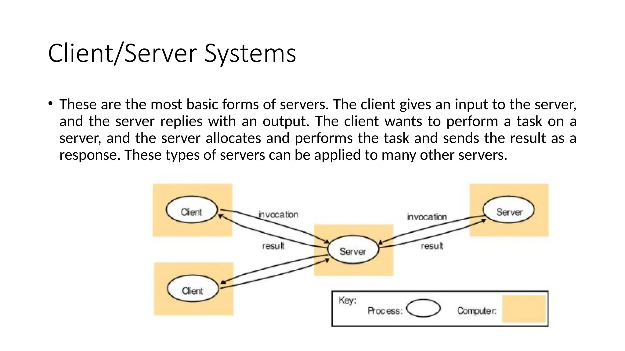 Client/Server Systems
• These are the most basic forms of servers. The client gives an input to the server,
and the server replies with an output. The client wants to perform a task on a
server, and the server allocates and performs the task and sends the result as a
response. These types of servers can be applied to many other servers.
 