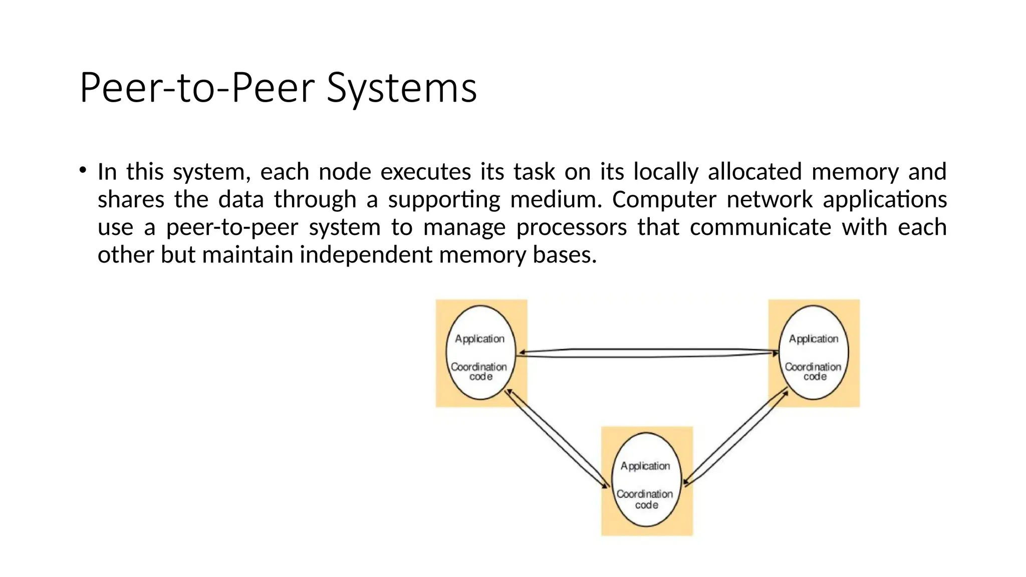 Peer-to-Peer Systems
• In this system, each node executes its task on its locally allocated memory and
shares the data through a supporting medium. Computer network applications
use a peer-to-peer system to manage processors that communicate with each
other but maintain independent memory bases.
 