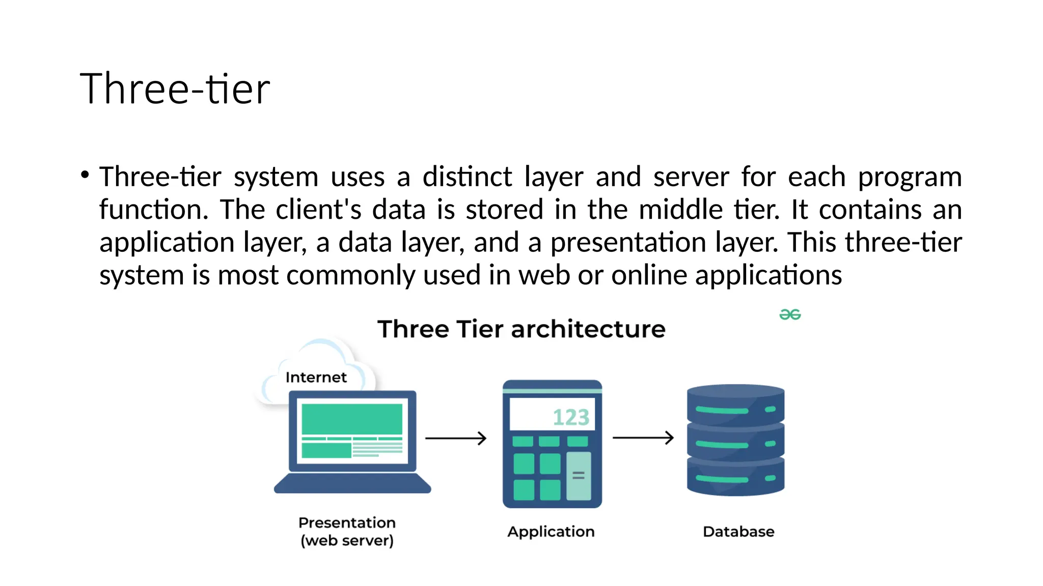 Three-tier
• Three-tier system uses a distinct layer and server for each program
function. The client's data is stored in the middle tier. It contains an
application layer, a data layer, and a presentation layer. This three-tier
system is most commonly used in web or online applications
 